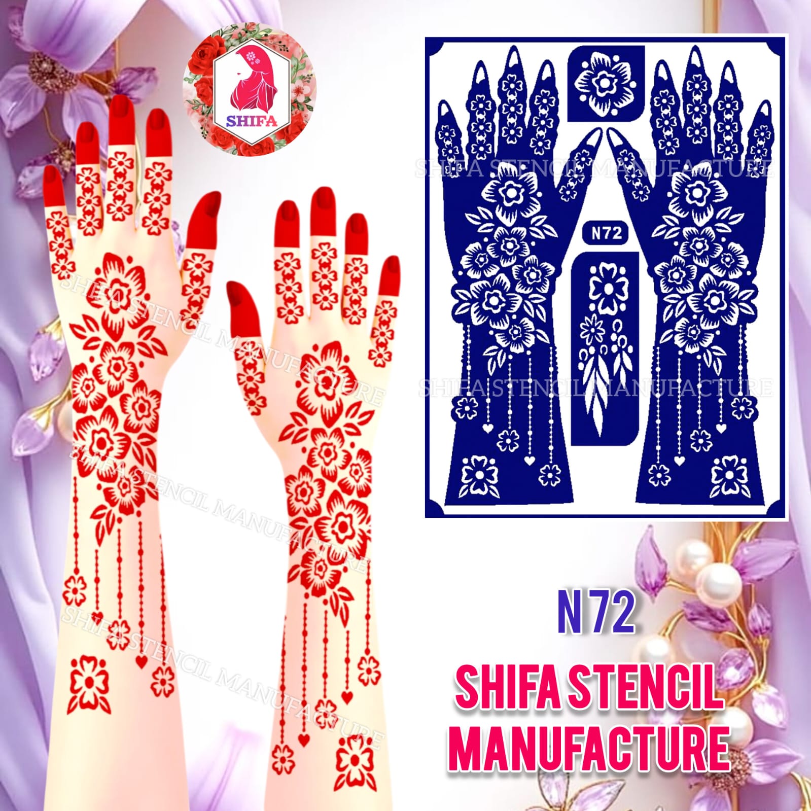 N72 Floral Rain Sticker Overview Henna Stencil - Shifa Stencil